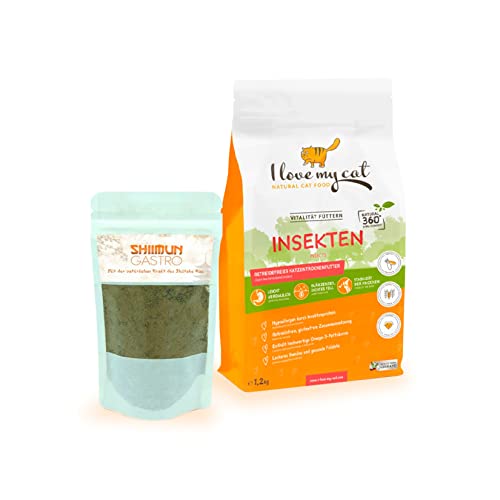 I Love My Cat Sparset für Katzen mit Pankreatitis Getreidefreies Trockenfutter mit Insektenprotein 1,2 kg und Nahrungsergänzung Shiimun Gastro mit Shiitake 50 g von I love my cat