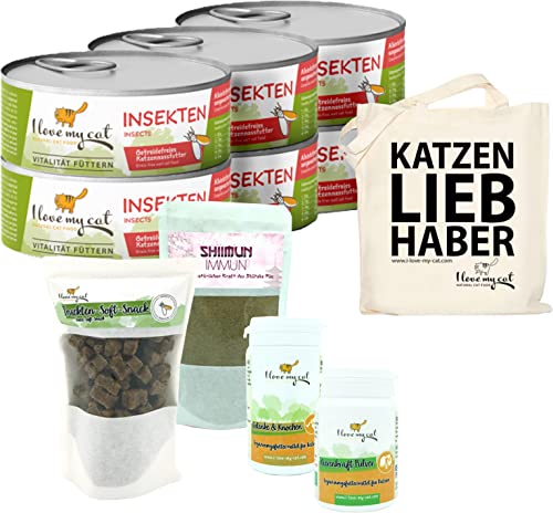 I love my cat Sparset für Maine Coon Getreidefreies Nassfutter 6 x 100 g und Soft-Snacks mit Insekten 50 g Nahrungsergänzung mit Shiitake 50 g und Pflege Nieren 35g und Gelenke 30 Kapseln von I love my cat