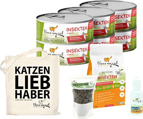 I love my cat Sparset für Perserkatze Hochwertige Getreidefreies Nassfutter 6 x 100 g und Trockenfutter 1,2 kg und Soft-Snacks mit Insekten 50 g und Pflege Augenpflege 30 ml von I love my cat