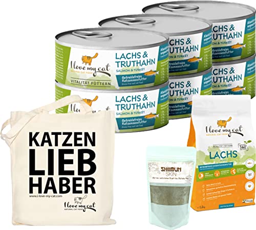 I Love my Cat Sparset für Ragdoll Hochwertige Getreidefreies Nassfutter 6 x 100 g und Trockenfutter mit Lachs und Truthahn 1,2 kg Nahrungsergänzung mit Shiitake 50 g von I love my cat