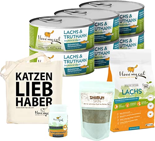 I Love my Cat Sparset für Russisch Blau Getreidefreies Trockenfutter 1,2 kg und Nassfutter mit Lachs und Truthahn 6 x 100 g Nahrungsergänzung mit Shiitake 50 g und Zahnpflege 35 g von I love my cat