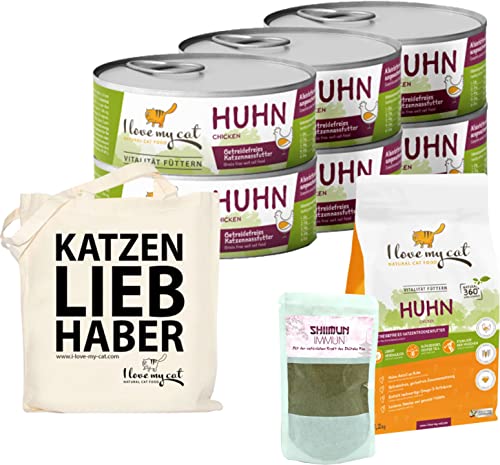 I love my cat Sparset für Savannah Katzen Hochwertiges Getreidefreies Trockenfutter 1,2 kg und Nassfutter mit Huhn 6 x 100 g Nahrungsergänzung mit Shiitake 50g von I love my cat