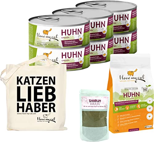 I Love my Cat Sparset für Siamkatze Hochwertige Getreidefreies Nassfutter 6 x 100 g und Trockenfutter mit Huhn 1,2 kg Nahrungsergänzung mit Shiitake 50 g von I love my cat