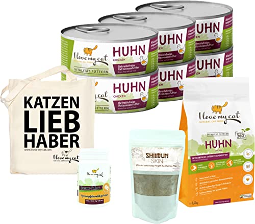 I Love my Cat Sparset für Sibirische Katze Getreidefreies Nassfutter 6 x 100 g und Trockenfutter mit Huhn 1,2 kg Nahrungsergänzung Shiitake 50 g und Pulver für EIN Starkes Immunsystem 35 g von I love my cat