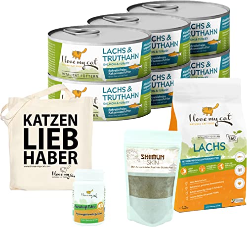 I Love my Cat Sparset für Somali-Katze: Getreidefreies Nassfutter 6 x 100 g, Trockenfutter mit Lachs und Truthahn 1,2 kg, Nahrungsergänzung Haut & Fell 50 g, Nierenkraft Pulver 35 g von I love my cat