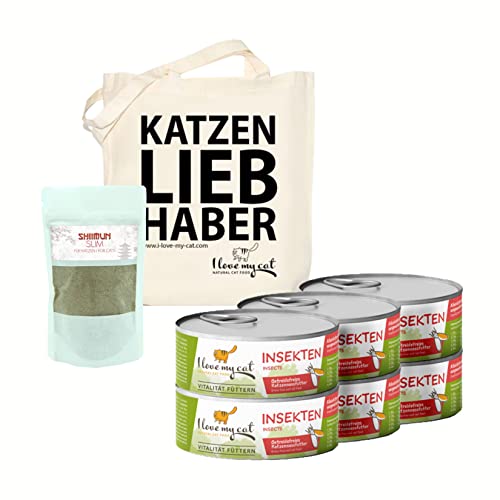 I love my cat Sparset für Übergewichtige und Ernährungssensible mit Getreidefreies Katzenfutter Nass mit Insekten 6 x 100 g und Nahrungsergänzungs mit Shiitake 50 g von I love my cat