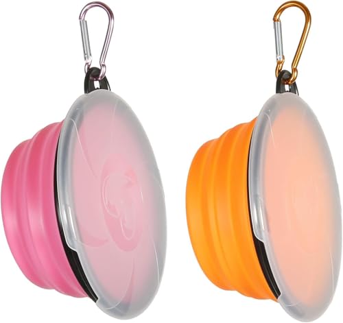 4 Hundenäpfe Zusammenklappbare Reisenäpfe, auslaufsichere Hundenäpfe mit Deckel und Haken Tragbare Silikontrinknäpfe für Katzen, Hunde beim Wandern und Camping (350ML, Orange und Pink) von IATAHI