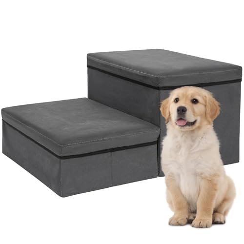 IBVIVIC Haustiertreppe Faltbare Hundetreppe 2 Stufen für kleine Hunde mit Stauraum, Multifunktionale Nützliche Hunderampe 60T x 40B x 30H cm, Grau, belastbar bis 30 kg von IBVIVIC