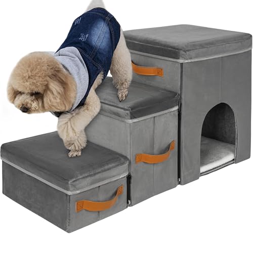 IBVIVIC Haustiertreppe Faltbare Hundetreppe 3 Stufen für kleine Hunde mit Stauraum, Multifunktionale Nützliche Hunderampe 79T x 34B x 44H cm, Grau, belastbar bis 30 kg von IBVIVIC