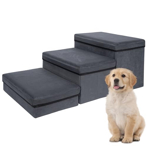 IBVIVIC Haustiertreppe Faltbare Hundetreppe 3 Stufen für kleine Hunde mit Stauraum, Multifunktionale Nützliche Hunderampe 80T x 42B x 30H cm, Grau, belastbar bis 30 kg von IBVIVIC