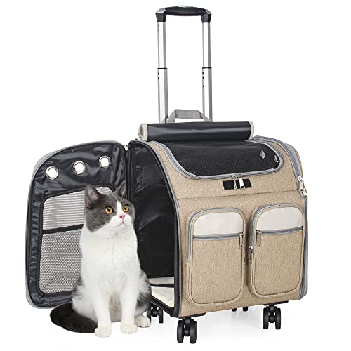 IBVIVIC Transportrucksack für Katzen/Hunde mit Rädern, Kinderwagen für Katzen/Hunde, doppelter 2-in-1-Rucksack für mittelgroße Katzen und Hunde, mit Belüftungsfenstern aus Netzstoff (Khaki) von IBVIVIC