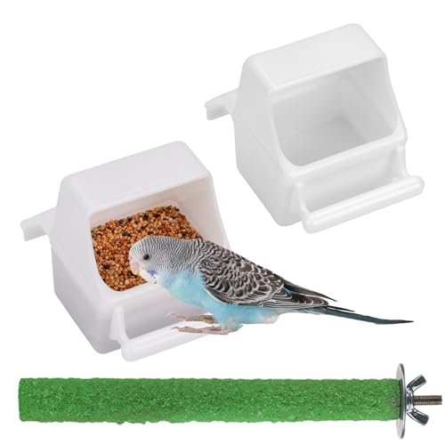 IBWell Vogel-Wassernapf, transparent, Vogelfutterbehälter, Vogelkäfig-Futterstation für Käfig, Sittiche, Futterstation mit Sitzstange, 2 Stück von IBWell