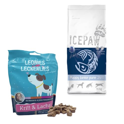 ICEPAW I Kombipaket I für Welpen und Junghunde I Trockenfutter Puppy Junior Pure I 14 kg I Mit Hering & Reis I Leonies Leckerlies 125 g von ICEPAW by Michael Tetzner