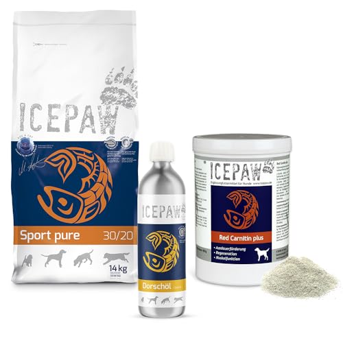 ICEPAW I Kombipaket für aktive Hunde I High Premium Trockenfutter Sport Pure (14 kg) I Dorschöl (500 ml) I Red Carnitin (400 g) von ICEPAW by Michael Tetzner