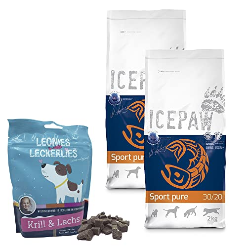 ICEPAW Kombipaket I High Premium Trockenfutter I Sport Pure 2 x 2 kg I Sporthunde I Mit Fisch (Hering) und Reis I Leonies Leckerlies 125 g von ICEPAW by Michael Tetzner