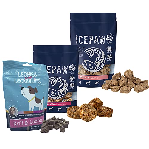 ICEPAW Kombipaket für Hunde I Snacks I Rotbarschhaut 100 g I Mit Lachs 150 g I Leonies Leckerlies 125 g von ICEPAW by Michael Tetzner