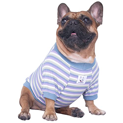 iChoue Französische Bulldogge, hochdehnbar, T-Shirt, Kleidung für mittelgroße Hunde, Frenchie, Mops, Englisch, Pitbull, Boston Terrier, Blau gestreift – M von ICHOUE