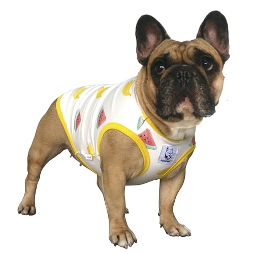 iChoue Französische Bulldogge Cartoon-T-Shirt, niedliche Kleidung für mittelgroße Hunde, Tank-Top, großer Frenchie-Mops, englischer Boston Terrier, Pitbull, Wassermelone, Banane, Größe L von ICHOUE