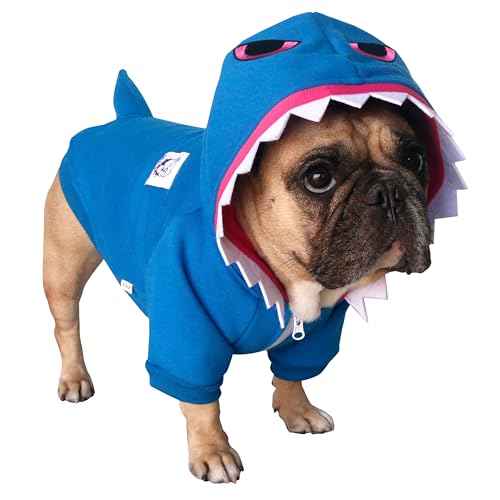 iChoue Halloween-Kostüm mit Aufschrift "I am a French Bulldogge", Hai, für kleine Hunde, kaltes Wetter, Wintermäntel, Frenchie, englischer Mops, Pitbull, Boston Terrier, Blau, Größe M von ICHOUE