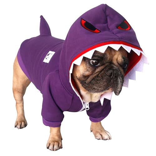 iChoue Halloween-Kostüm mit der Aufschrift "I am a French Bulldogge", Hai, für kleine Hunde, kaltes Wetter, Wintermäntel, Frenchie, Englischer Mops, Pitbull, Boston Terrier, Lila, Größe M von ICHOUE