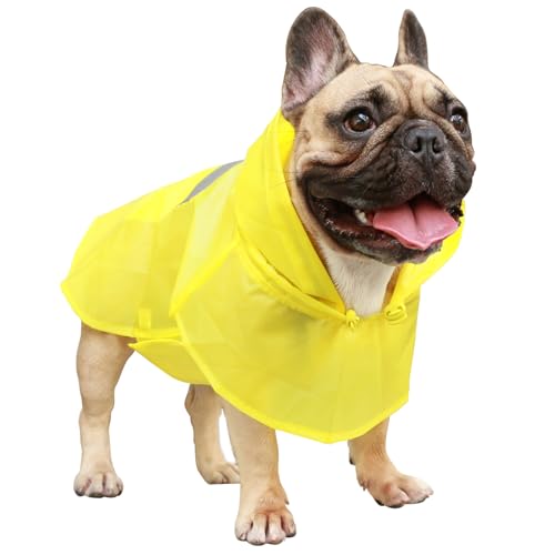 iChoue Hunde-Regenmäntel, verstaubare Regenmäntel, leichte Regenjacke mit reflektierenden Trägern, verstellbarer Poncho für mittelgroße Hunde, Französische Englische Bulldogge, Mops Terrier (Gelb, XL) von ICHOUE