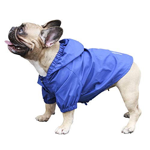 iChoue Hundemantel für kaltes Wetter, wasserabweisend, leichte Windjacke, Kapuzenjacken für französische, englische Bulllodg, Pitbull, Mops, Boston Terries, Outdoor-Regenmantel, Blau, Größe XL von ICHOUE