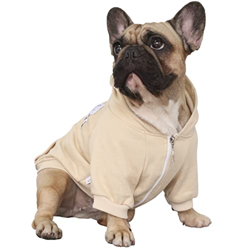 iChoue Pet Clothes Dog Hoodie Hooded Full-Zip Sweatshirt French Bulldog Pug Boston Terrier Cotton Winter Warm Coat Clothing - Khaki/Size L Plus von ICHOUE