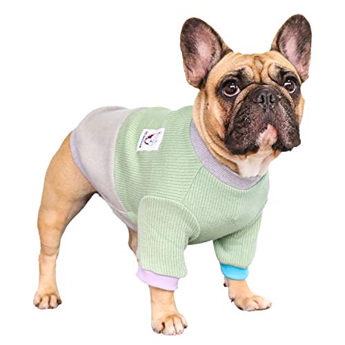 iChoue Pullover für Hunde, Rundhalsausschnitt, Farbblock, Winterkleidung, warme Kleidung für französische Bulldogge, Mops, Boston Terrier, Grün und Grau/Größe L von ICHOUE