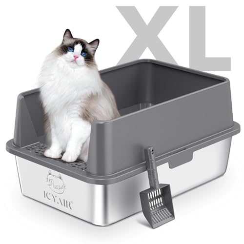 Edelstahl-Katzentoilette mit hohem Seitendeckel, extra große XL-Katzentoilette für große Katzen, geschlossene Metall-Kitty-Katzentoilette mit Anti-Auslauf-Gehäuse, antihaftbeschichtet, geruchlos, von ICYAIR