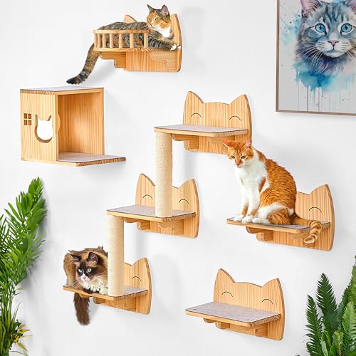 IDAE-ORG Katzen-Wandregale Set, Katzenwandmöbel für große Katzen - Moderne Katzenregale und Sitzstangen, Wandmontierter Katzenkletterer mit Haus, Stufen, Kratzer, Naturholz Kletterregal für Indoor von IDAE-ORG