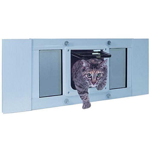 Ideal Pet Products Fensterflügeltür, Aluminium, verstellbar für Fensterbreiten von 83,8 cm bis 96,5 cm, Katzenklappe 16,5 x 16,5 cm Klappengröße von IDEAL PET PRODUCTS SINCE 1979