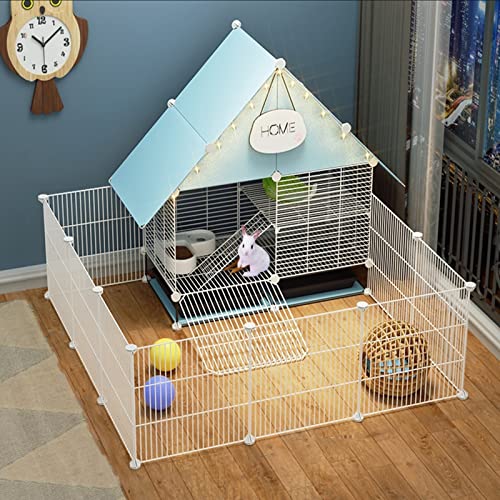 2-stöckiger Kaninchenkäfig Indoor Hasenstall mit 2 tiefen ausziehbaren Tabletts Kleintiere Outdoor Haustierhaus mit wasserdichtem Dach für Frettchen, Chinchilla, Igel (Farbe: Blau, Größe: 111 x 111 x 92 cm) von IDEAX