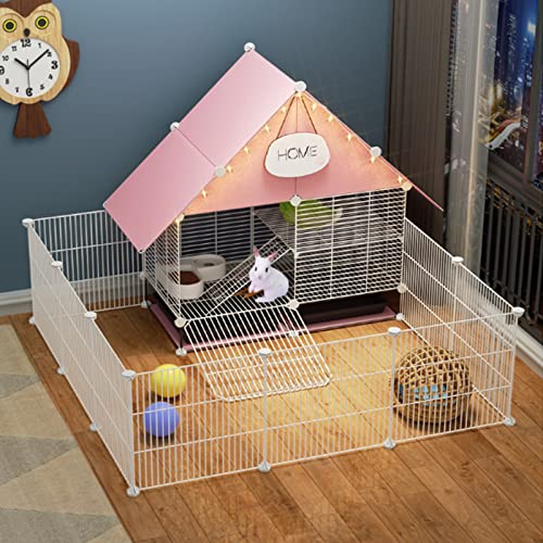 2-stöckiger Kaninchenkäfig Indoor Hasenstall mit 2 tiefen ausziehbaren Tabletts Kleintiere Outdoor Haustierhaus mit wasserdichtem Dach für Frettchen, Chinchilla, Igel (Farbe: Rosa, Größe: 111 x 111 x 92 cm) von IDEAX