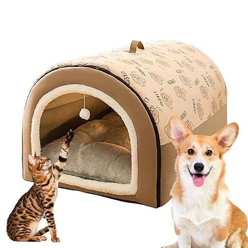 Hundehöhle, 2-in-1-Hundebett, abnehmbares, überdachtes Katzenbett mit Kugelanhänger, Katzenversteck, warm, waschbar, gemütliches Hundebett für Hunde, bequemes Hundebett mit Bezugshöhle für Haustiere, von IDIDOS