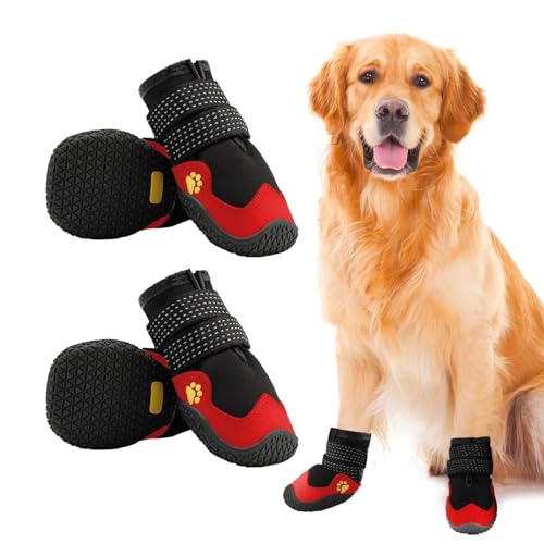 Hundestiefel, 4 Stück Welpenpfotenschutzschuhe, Polyester-Gummi, wasserdichte Hundepfotenschuhe mit reflektierenden Streifen für Winter, verschneite Tage, Outdoor-Spaziergänge, Indoor-Hartböden von IDIDOS