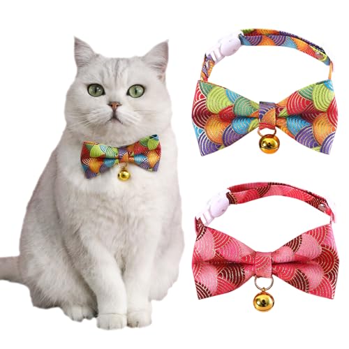 IDOLPET Handgefertigtes Katzenhalsband aus Baumwolle, elegant, mit Glöckchen und Fliege, für Katzen, Kätzchen, Kätzchen, Welpen, Kaninchen, Rosa und Rot, 2 Stück von IDOLPET