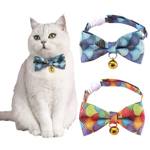 IDOLPET Handgefertigtes Katzenhalsband aus Baumwolle, elegant, mit Glöckchen und Fliege für Katzen, Kätzchen, Kätzchen, Welpen, Kaninchen, Rosa und Blau, 2 Stück von IDOLPET