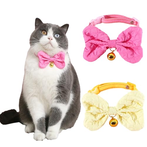 IDOLPET Handgefertigtes Katzenhalsband mit Glöckchen und Fliege für Katzen, weich, niedlich, mit Glöckchen und Fliege, für Katzen, Kätzchen, Welpen, Kaninchen, Rosa und Gelb, 2 Stück von IDOLPET