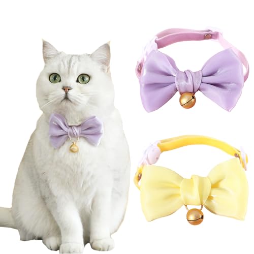 IDOLPET Handgefertigtes Satin-Katzenhalsband mit Glöckchen und Fliege für Katzen, Violett und Gelb, für Katzen, Kätzchen, Kätzchen, Welpen, Kaninchen, 2 Stück von IDOLPET