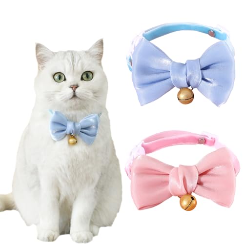 IDOLPET Handgefertigtes Satin-Katzenhalsband mit Glöckchen und Fliege für Katzen, rosa und blau, für Katzen, Kätzchen, Kätzchen, Welpen, Kaninchen, 2 Stück von IDOLPET