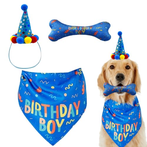 IDOLPET Hund Geburtstag Junge Bandana Hut Spielzeug Set Haustier Happy Birthday Party Supplies Dreieck Lätzchen mit süßem Knochen Hund Geburtstag Schal Zubehör und Dekoration für Hund Groß Hund,Blau… von IDOLPET