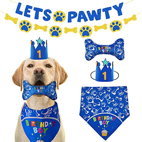 IDOLPET Hund Geburtstag Junge Bandana Party Hut Krone Let's Pawty Geburtstag Banner Quietschendes Kauknochen Spielzeug Geschenkset Hund Geburtstag Party Supplies Dekorationen für kleine mittelgroße große große Hunderassen (groß, blau) von IDOLPET