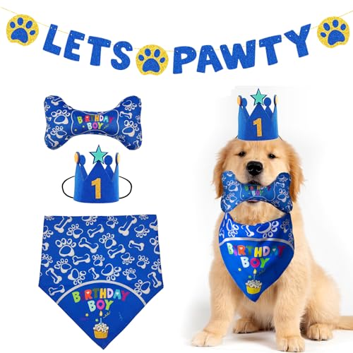 IDOLPET Hund Geburtstag Junge Bandana Party Hut Krone Let's Pawty Geburtstag Banner Quietschendes Kauknochen Spielzeug Geschenkset Hund Geburtstag Party Supplies Dekorationen für kleine mittelgroße große große Hunderassen (klein, blau) von IDOLPET