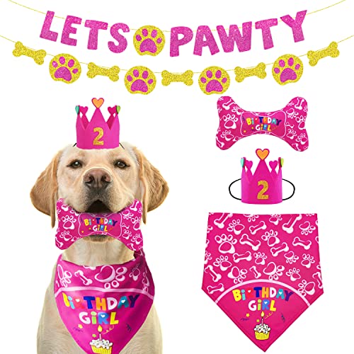 IDOLPET Hund Geburtstag Mädchen Bandana Party Hut Krone Let's Pawty Geburtstag Banner Quietschendes Kauknochen Spielzeug Geschenkset Hund Geburtstag Party Supplies Dekorationen für kleine mittelgroße große große Hunderassen (groß, rosa) von IDOLPET