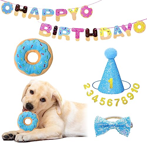 IDOLPET Hund Geburtstag Party Hut Outfit Donut Hund Kauspielzeug Haustier Happy Birthday Party Supplies Niedlicher Hund Fliege Halsband Hund Geburtstag Party Krone Hut Banner für kleine mittelgroße von IDOLPET