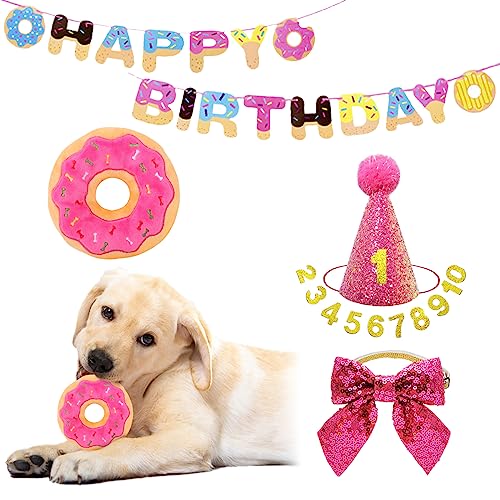 IDOLPET Hund Geburtstag Party Hut Outfit Donut Kauspielzeug Haustier Happy Birthday Party Supplies Bling Niedlich Hund Fliege Halsband Hund Geburtstag Party Krone Hut Banner für Kleine Mittlere Hunde von IDOLPET