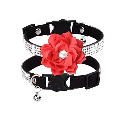 IDOLPET Katzenhalsband Bling Diamant Breakaway Katzenhalsband mit Glöckchen Strass Haustier Halsbänder mit weichem Samt Verstellbar Glanz Halsband für Katzen Mädchen und kleine Hunde Welpe (Rot) von IDOLPET