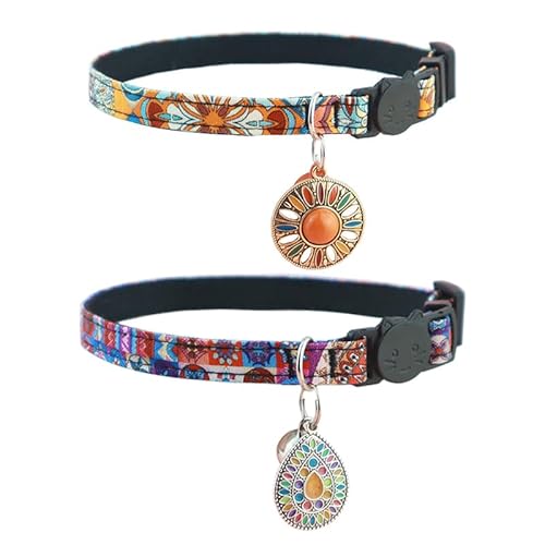 IDOLPET Katzenhalsband-Set mit Quaste, Stammes-Aztekenmuster, verstellbar, Sicherheits-Halsband mit Glöckchen, Orange + Blau, 2 Stück von IDOLPET