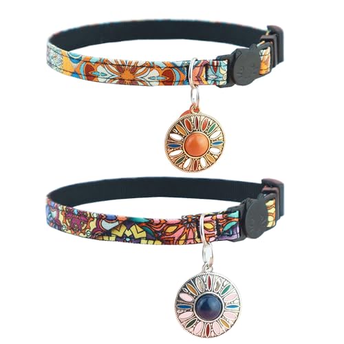 IDOLPET Katzenhalsband-Set mit Quaste, Stammes-Aztekenmuster, verstellbar, Sicherheits-Halsband mit Glöckchen, Orange + Dunkelblau, 2 Stück von IDOLPET