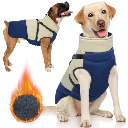 IDOMIK Hunde-Wintermantel, wasserdichte Hunde-Winterjacke, mit Geschirr, Schnee-Jacke mit Reißverschluss, warme Hunde-Winterkleidung, hoher Kragen, Hunde-Schneeanzug, Marineblau, Größe 3XL von IDOMIK